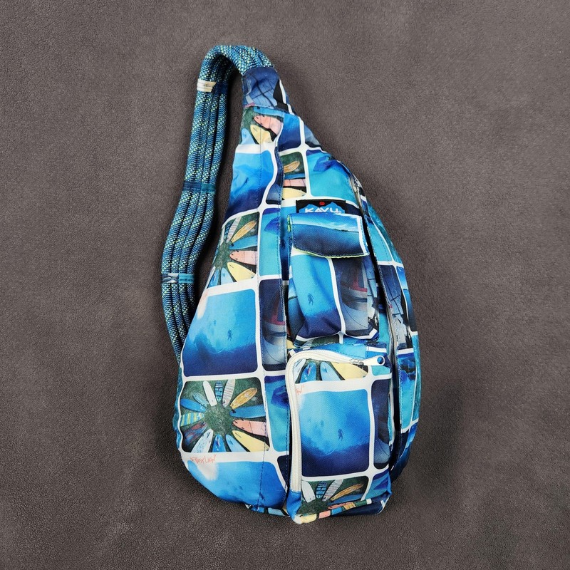 KAVU Blue Rope Sling Backpack Women Pictorial Print Crossbody Bag Travel Daypack