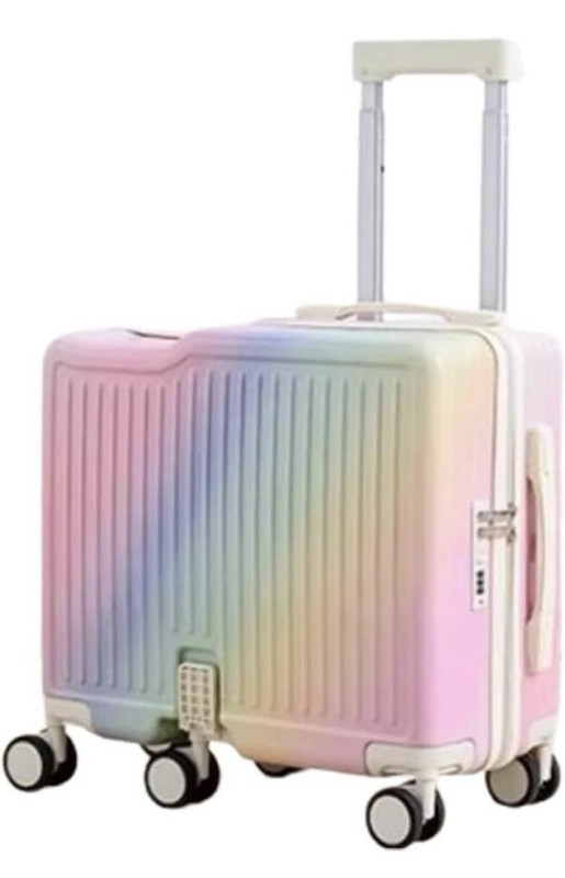 Jidanmian RIDE ON Hardside Suitcase Rolling Folding Foot Rest Rainbow 18″