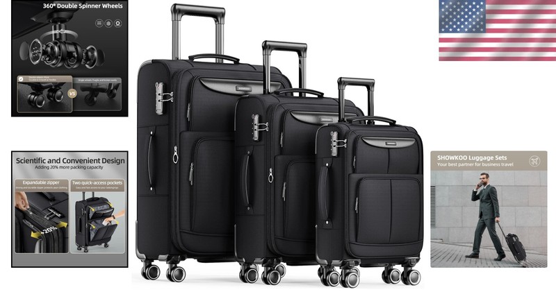 3 Piece Luggage Set Softside Expandable Travel Cases with Spinner Wheels Black gallery