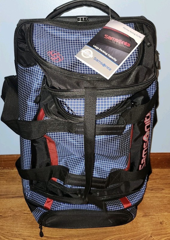 Samsonite Rolling Duffel Bag Blue Grid Ripstop Wheeled Travel Luggage 26″ NEW