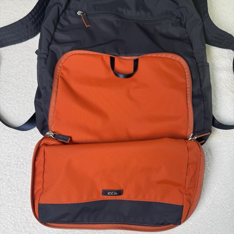 TUMI Packable Backpack Just In Case Navy Blue Orange Foldable Travel Bag gallery
