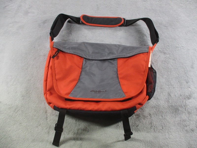 Eddie Bauer Messenger Bag Orange Gray 14″ Adjustable Strap Men Water Bottle