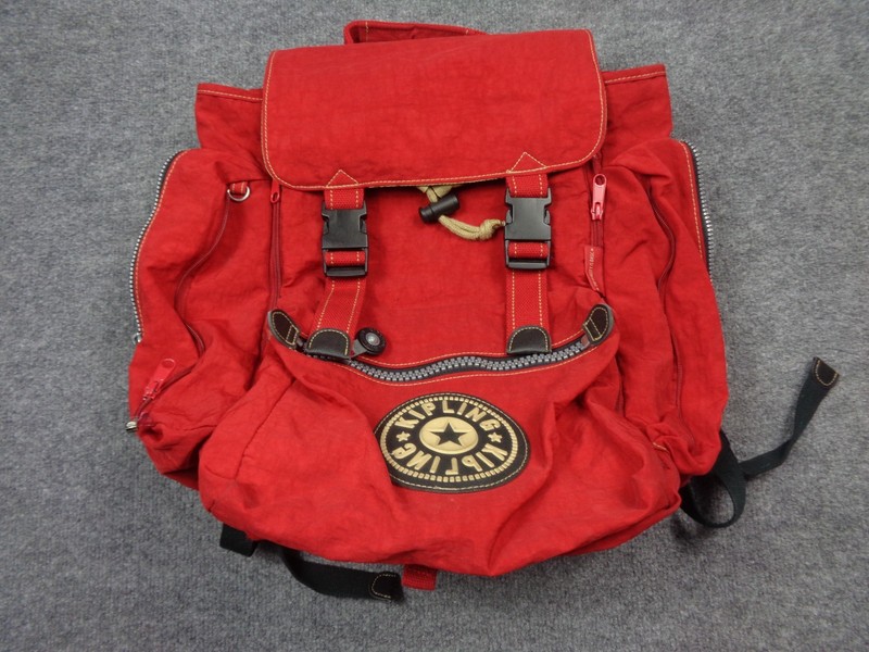 Vintage Kipling Red Nylon Backpack Large Flap Buckle Drawstring Padded Back Logo