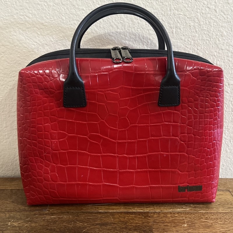 Hartmann Zippered Travel Bag Toiletry Makeup Red Moc Croc Black Leather 8×12”