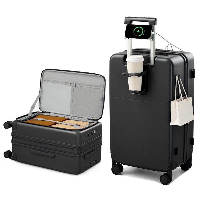 24 Inch Expandable Checked Luggage with Cup Holder and Charger Port,Top Openi…