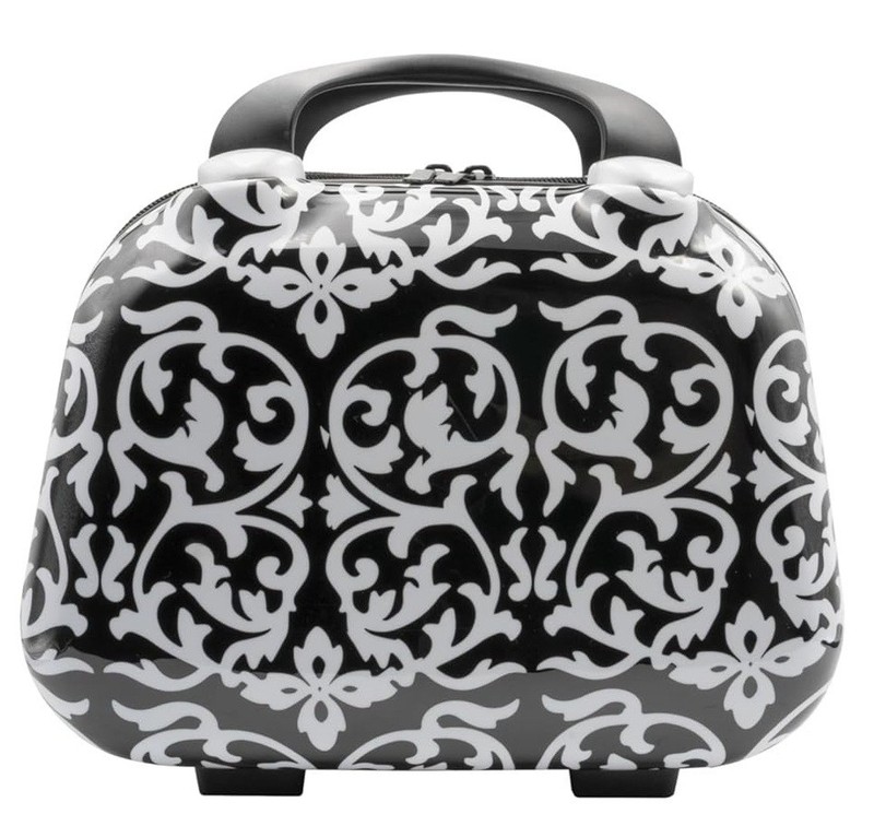 Hard Shell Travel Cosmetic Case, 12 Inch Mini Toiletry Bag, Strap, Damask Black