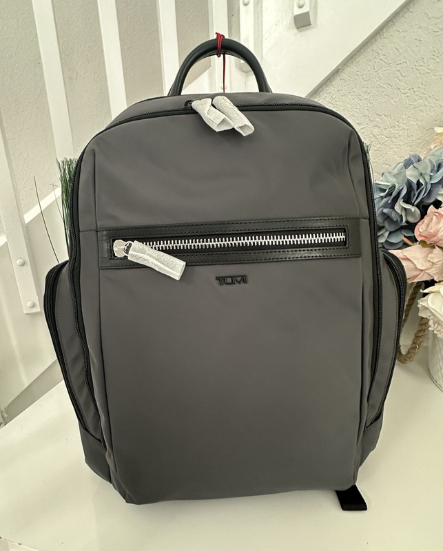RARE TUMI BENSON Large Backpack Travel Grey Silver Smooth Polyester 17.5” $690