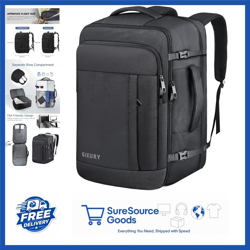 Expandable 50L Luggage Backpack for Travel with Water Resistant Design Black