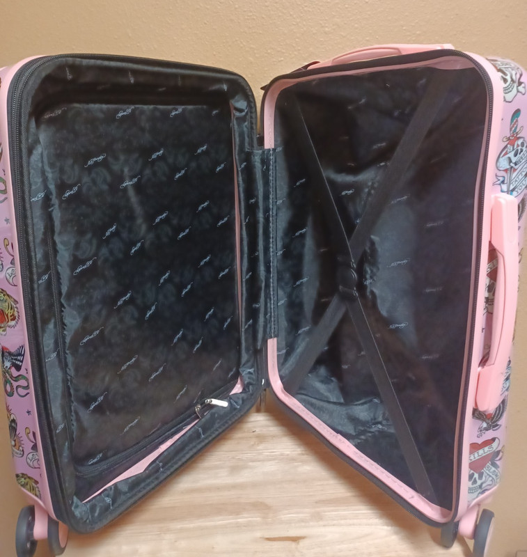 Ed Hardy 21" Expandable Carryon Spinner Suitcase Pink with Skulls, Tiger &Logo gallery