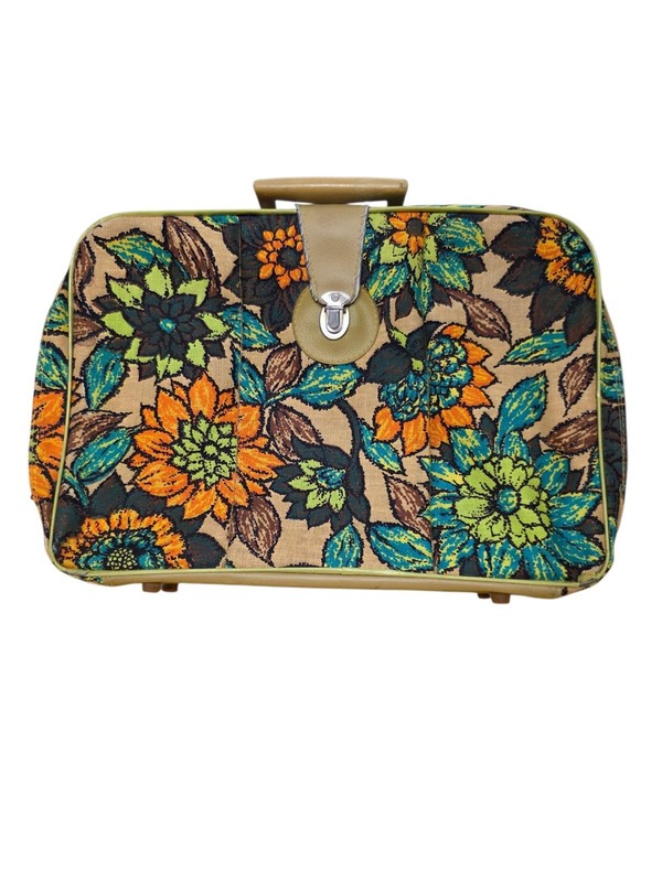 VINTAGE 60-70s Retro Brown Suitcase Fabric Zippered Luggage Flowers Floral Japan