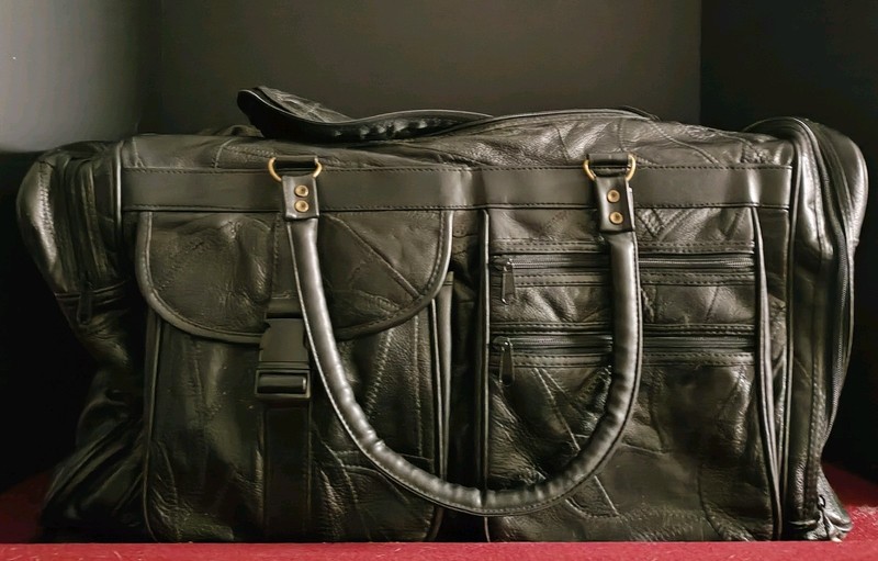 Genuine Leather Block Patchwork Large Overnight Duffle Bag Weekender Travel Gym