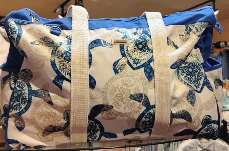 20″ Turtle Pattern Blue & White Polyester Duffle Bag w/ Shoulder Strap, Handles