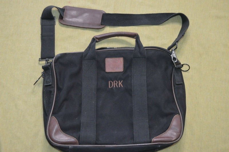 LANDS END Square Rigger Bag Black Canvas Brown Leather Trim Made in USA