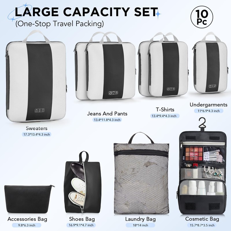 10 Set Compression Packing Cubes for Travel Essentials,Compressible Expandabl... gallery