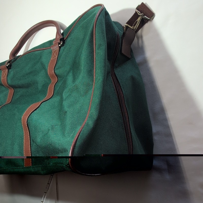 Vintage Ralph Lauren Green Canvas Duffle Bag Brown Trim Adjustable Strap gallery