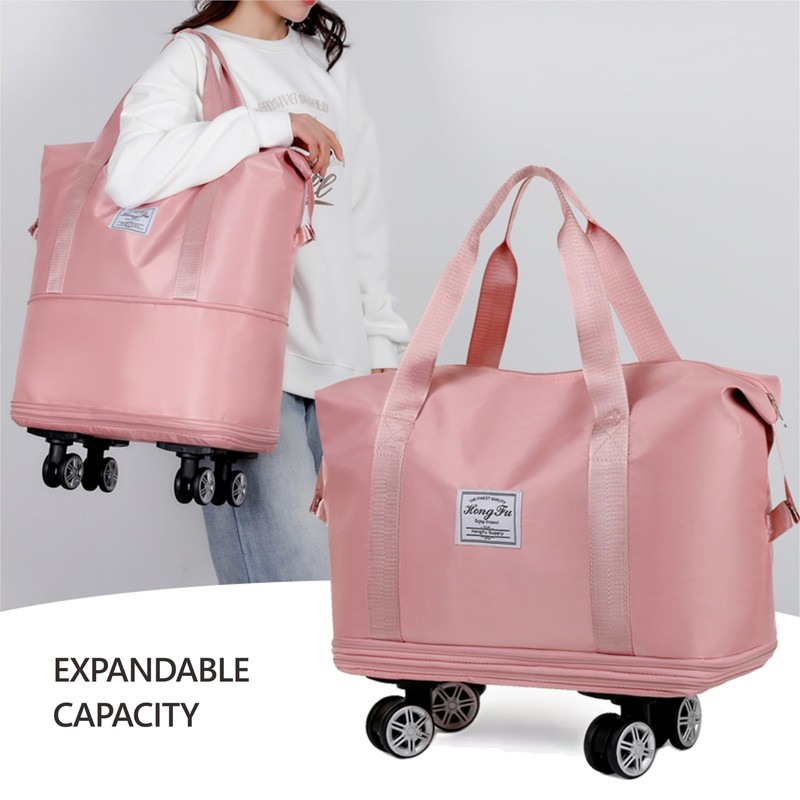 Duffel Bag Expandable Foldable Detachable Rolling Wheels Large Carry-On Pink gallery