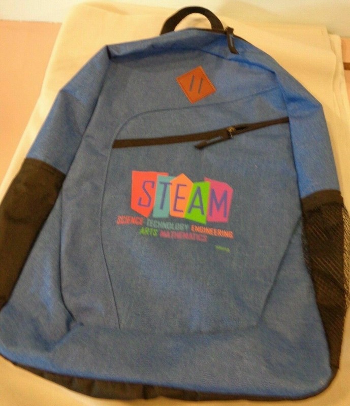 STEAM Vinyl Denim Padded Shoulder Straps Double Zipper Blue Backpack Book Bag