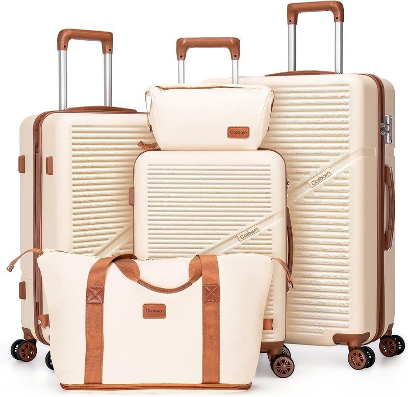 Cosbarn 5 pc Luggage Set – Spinner Wheels, Hardshell ABS, TSA Lock – Beige