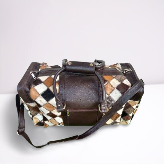 Western Style Cowhide Duffle Patchwork Design Leather Travel Luggage Bag gallery