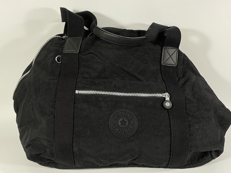 Vintage Kipling Duffle Bag Black Nylon Travel Expandable Weekend Zip Tote