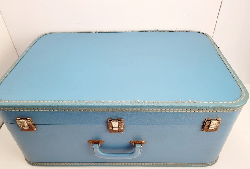 Large Bright Blue Rectangular Suitcase W/ Silver Alloy Hardware Photo Prop Decor gallery