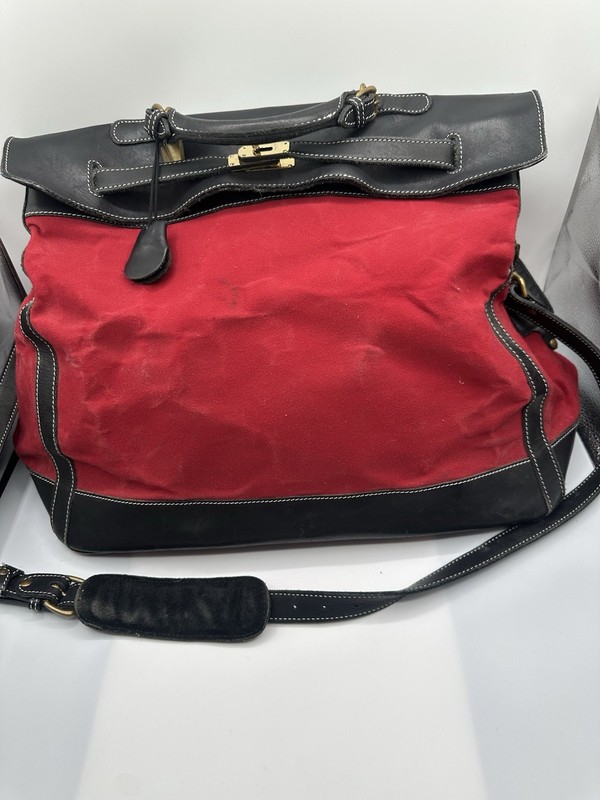T. Anthony Black Leather & Red Fabric Canvas Duffel Weekender Travel Bag