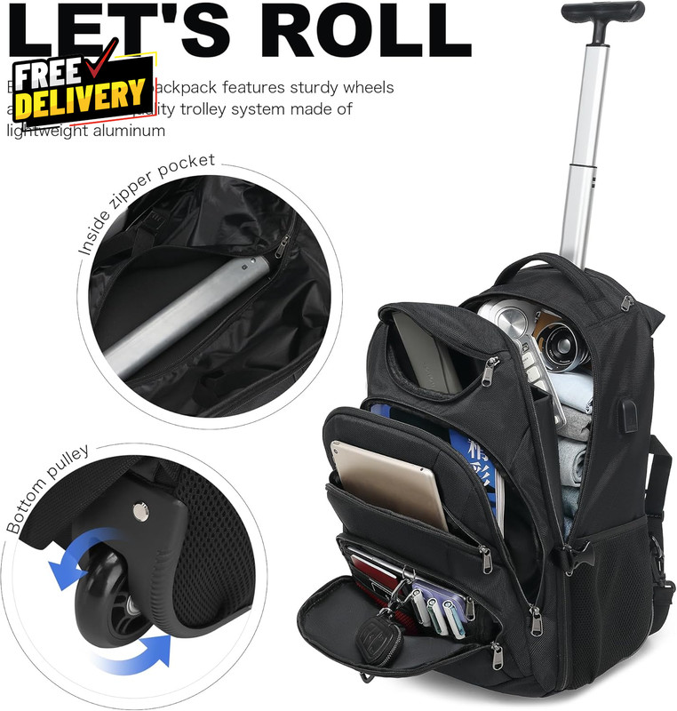 Rolling Backpack 17 Inch Water Resistant Wheeled Backpack Carry on Luggage Bus.. gallery