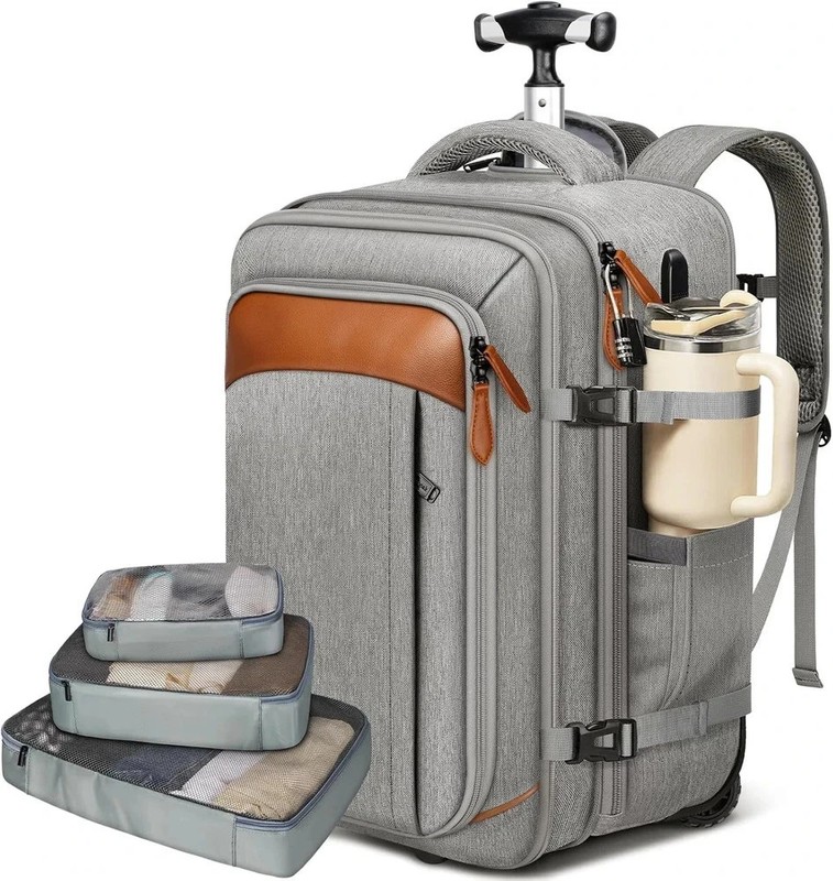 Expandable Rolling Backpack with Wheels & USB Port, Grey, 3 Packing Cubes