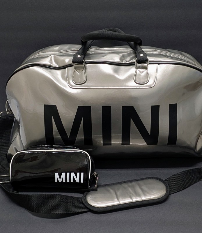 Mini Cooper Silver Shiny Patent Duffel Overnight Tote Weekender Bag & Makeup Bag