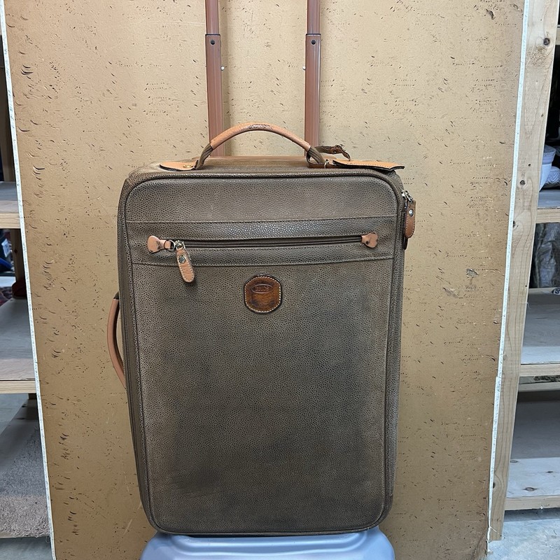 Bric’s 21″ Luggage Carry On Rolling Suitcase Brown Pebbled Cognac Leather Trim