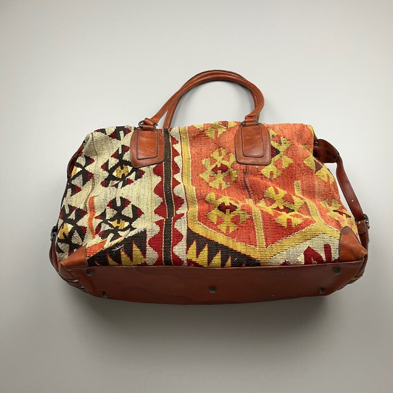 Vintage Kilim Duffle Bag Unisex L Multicolor Wool Leather Boho Travel Southwest