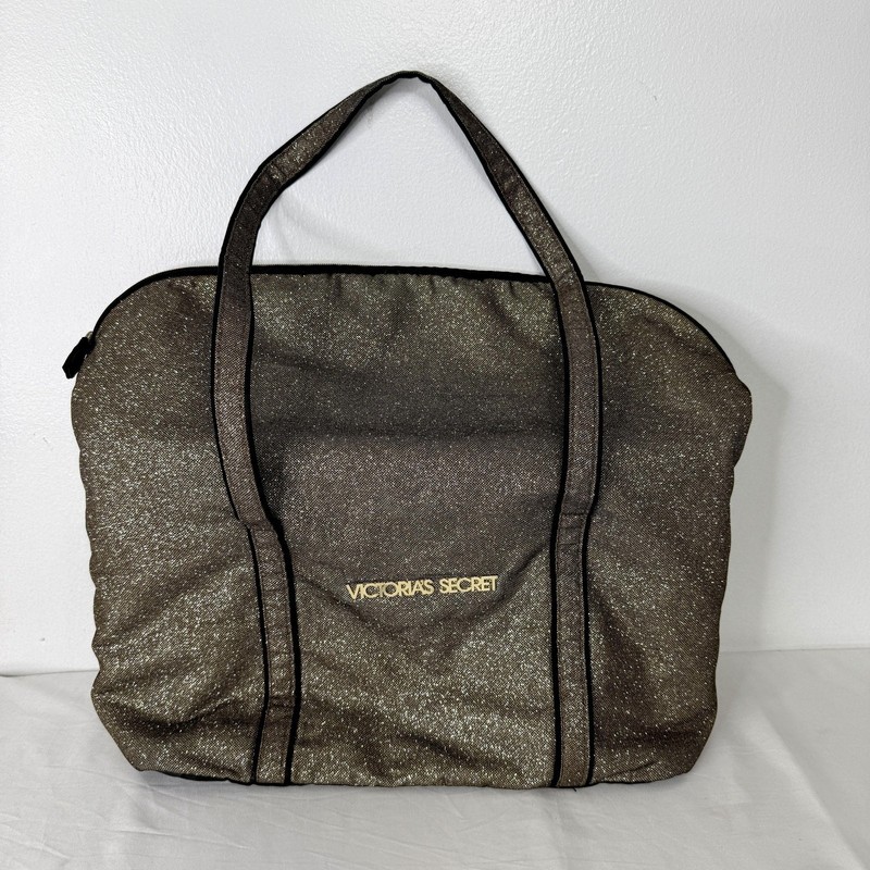 Victoria’s Secret Glitter Shimmer Tote Shoulder Bag Black Gold Logo Zip Top