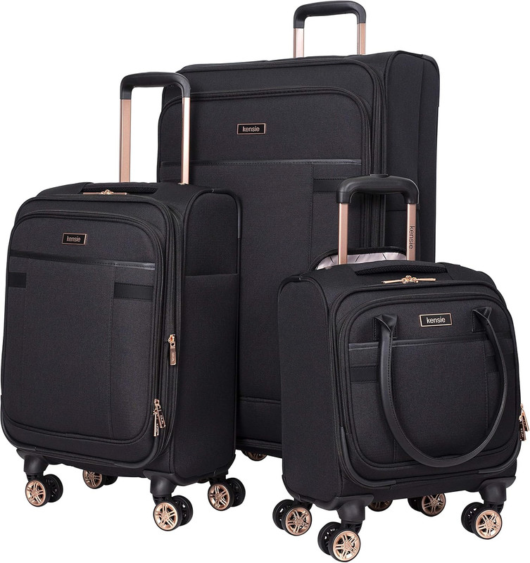 Hudson Softside 3-Piece Spinner Luggage Set, Black with Rose Gold