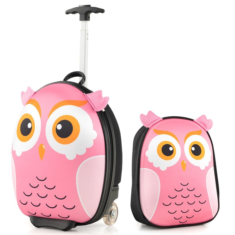 2PCS Kids Carry On Luggage Set 16″ Owl Rolling Suitcase w/ 12″ Backpack Travel