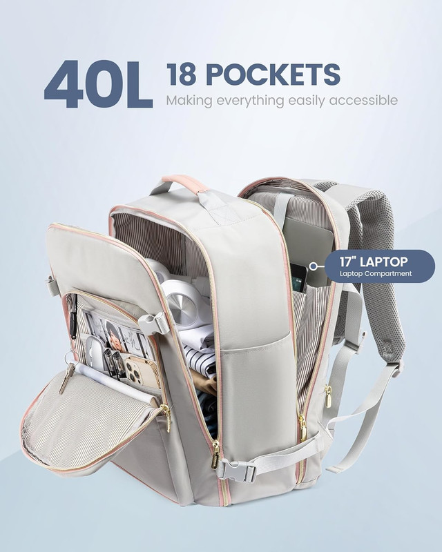 40L Travel Backpack Flight Approved Carry on Backpack,3 Packing Cubes,Waterproof gallery