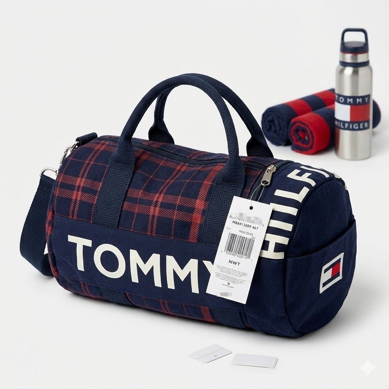 Tommy Hilfiger Mini Duffle Bag Navy Red Plaid Canvas Logo M86913589 467 NWT