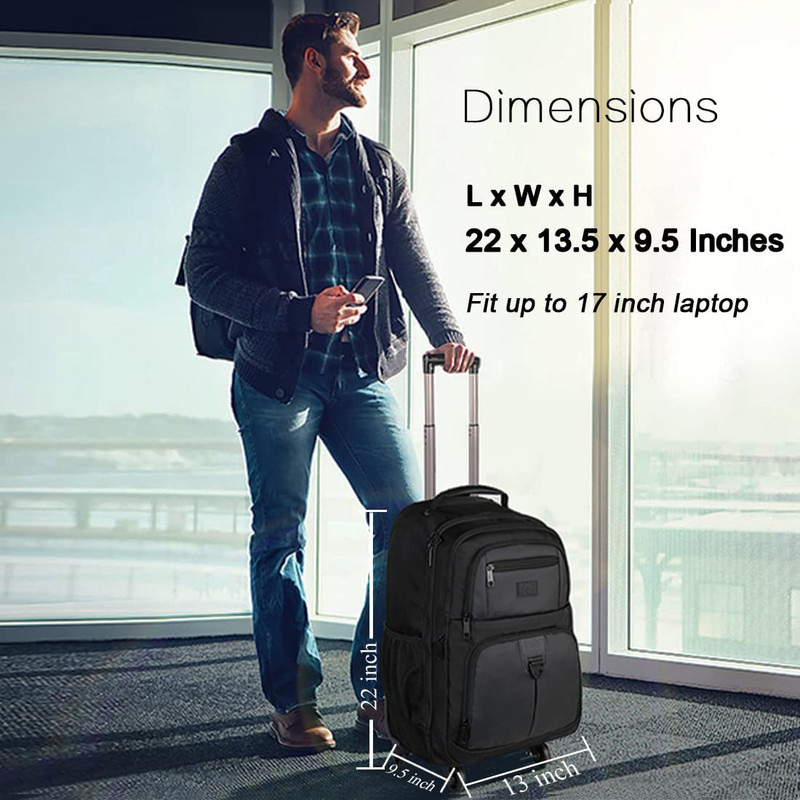 Rolling Backpack with 4 Wheels, 17 Inch Roller Travel Laptop Backpack Black gallery