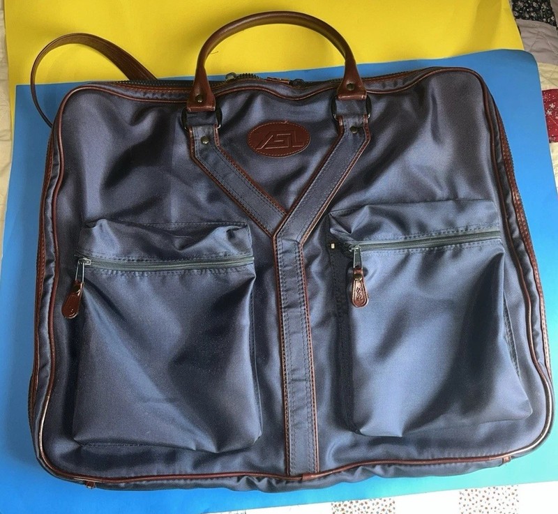 YSL VINTAGE GARMENT BAG BLUE WITH BROWN TRIM NYLON ZIPPER ATTACH HANGER LOCK KEY
