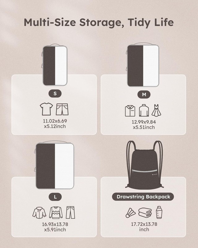 4 Set Compression Packing Cubes for Travel, Bonus Versatile Drawstring Backpa... gallery