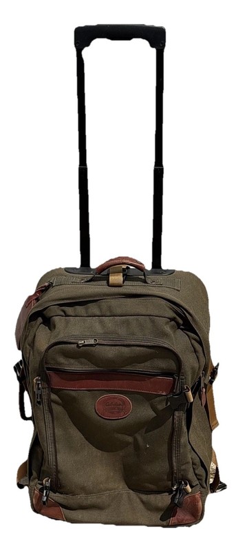 Vtg Cabela’s Green 22” Canvas Rolling Carry On Luggage Bag Wheels Handle Travel