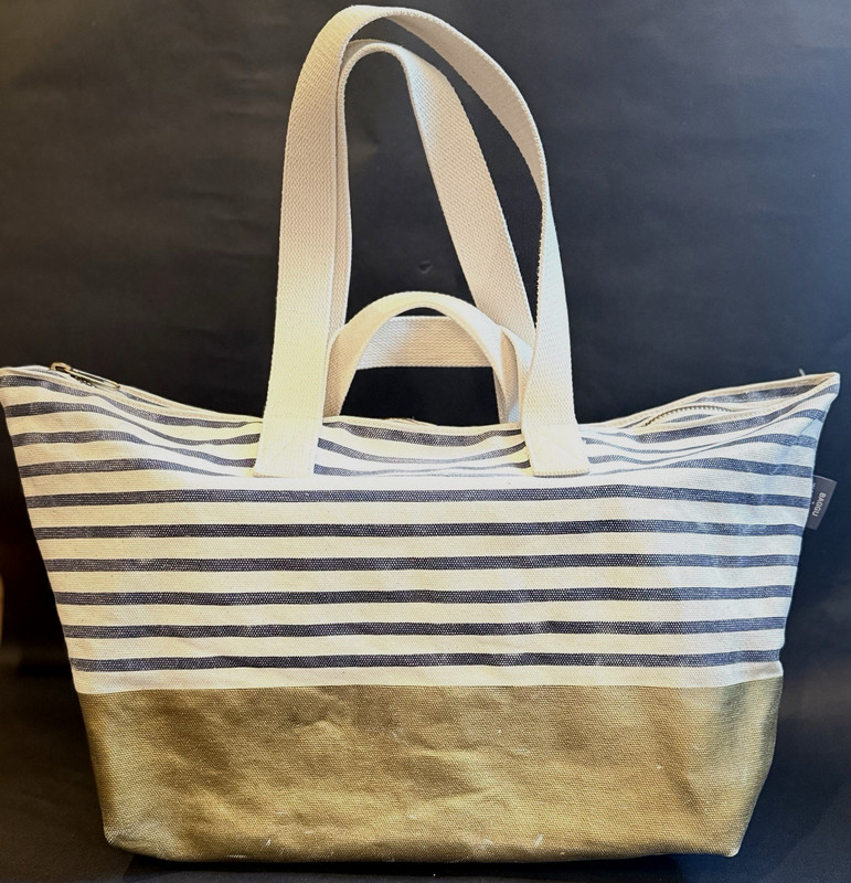 WEST ELM & BAGGU Weekender Tote-Blue/Natural Stripe Canvas-Golden Coated Bottom