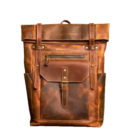 Slim Style Vintage Leather Backpack Crazyhorse Roll Top Closure Road Trip Bag