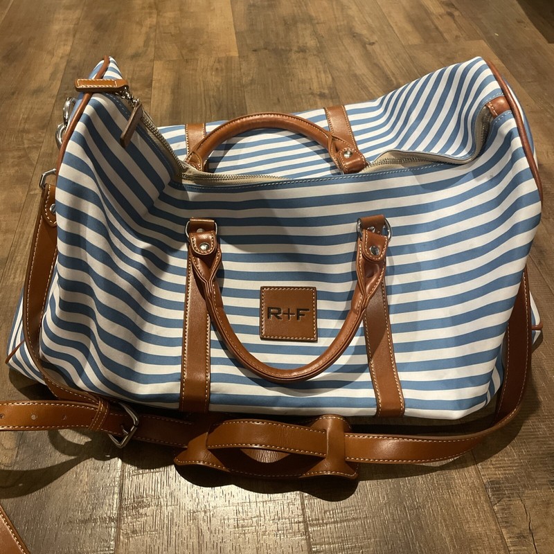 BARRINGTON Weekender Bag Rodan And Fields Blue White Stripe Brown Leather
