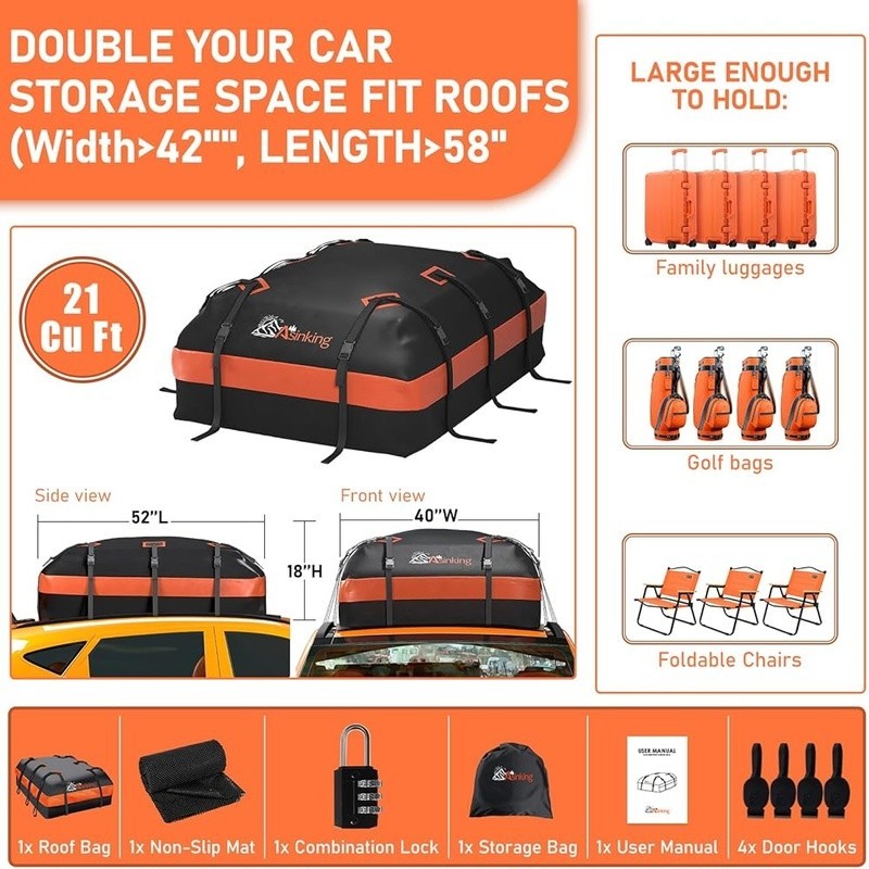Waterproof Rooftop Cargo Bag Soft Shell Roof Mount Carrier Non-Slip Mat Hooks US gallery