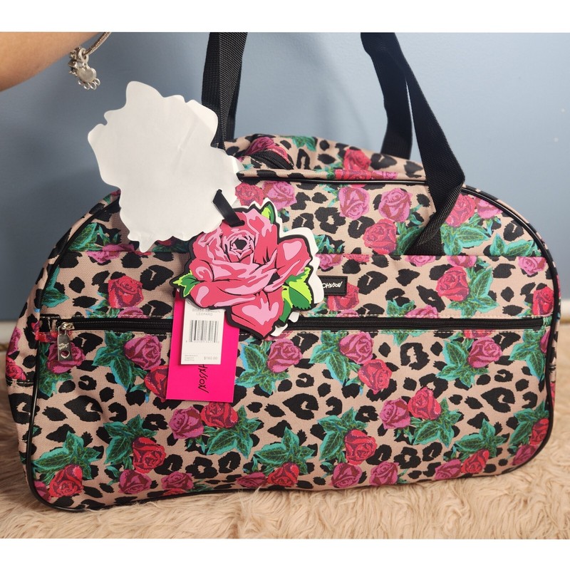 NWT Super Cute! BETSEY JOHNSON 22in Leopard Rose Wheeled Duffle