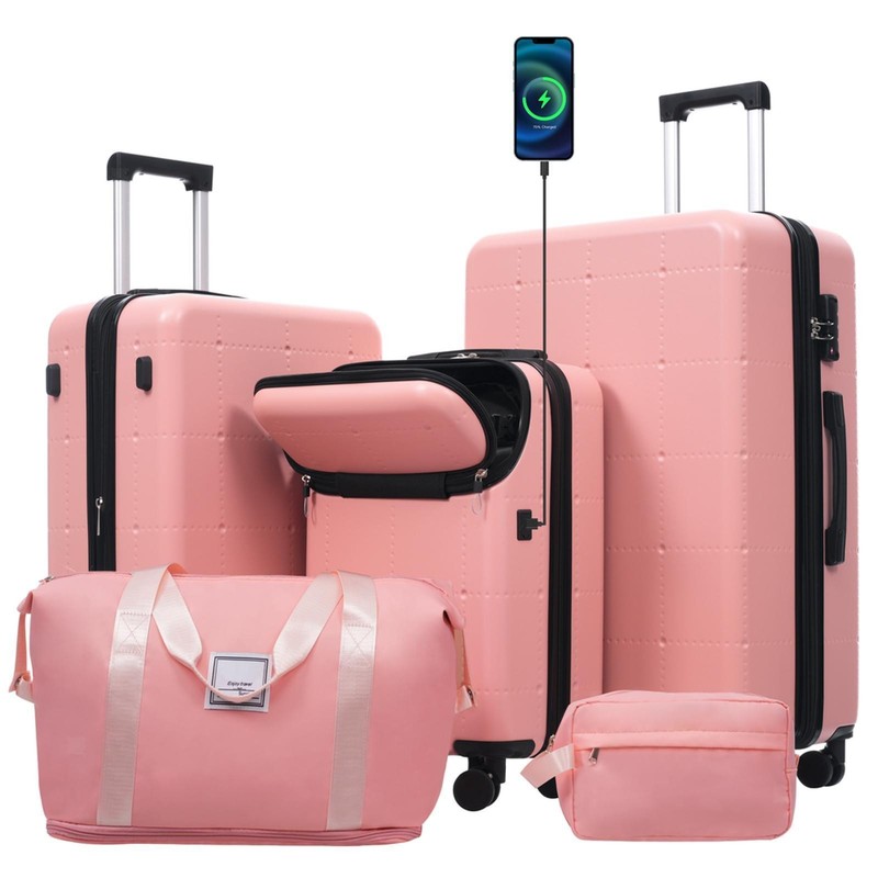 Expandable Suitcase Set Hard Shell Luggage with USB Charging 5 Piece Travel Kit