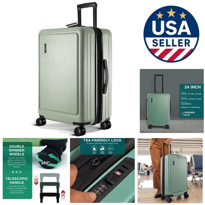 Expandable 24 Inch Hard Shell Suitcase with Spinner Wheels – Sage Green Elegance