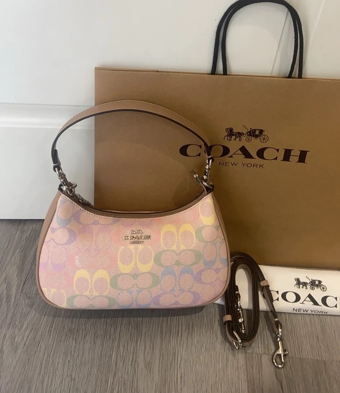 New Coach CDA91 Teri Shoulder Bag In Rainbow Signature Canvas Sand Multi from JP