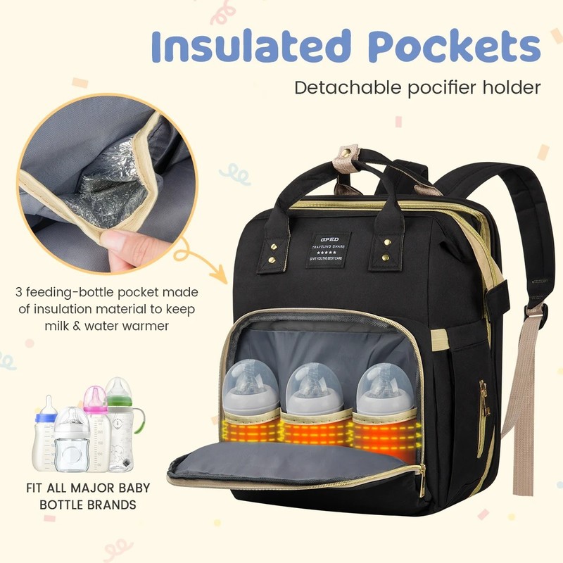 Diaper Bag Backpack with Foldable Crib, USB Charging Port, Insulated Pockets gallery