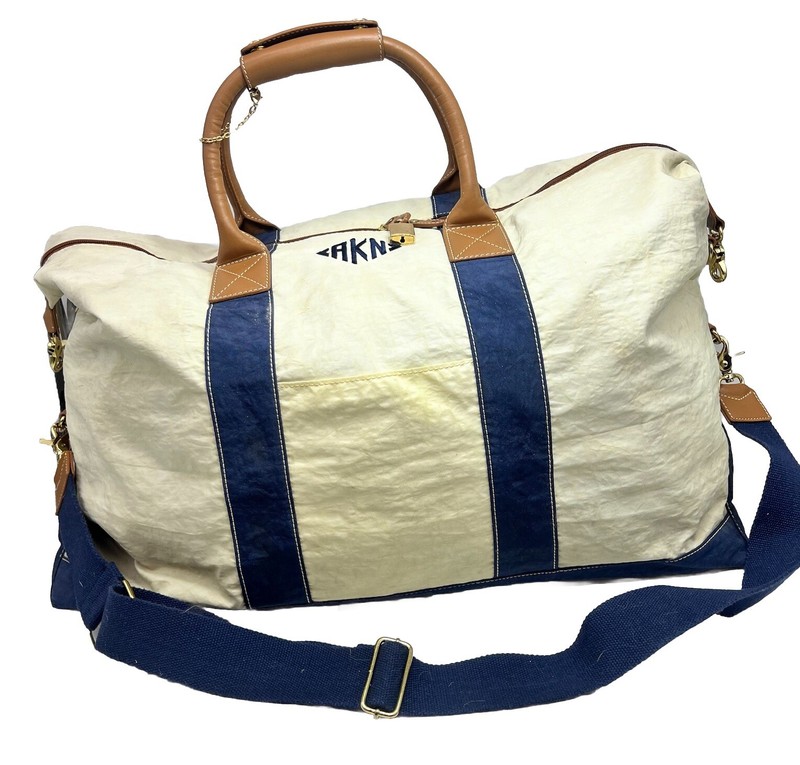 J McLaughlin Duffle Bag Large Weekender Cape Cod White Blue Tan Leather Nylon